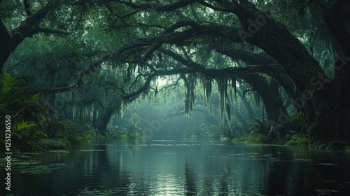 Mysterious swamp river, misty morning, moss-draped trees, tranquil scene, nature background