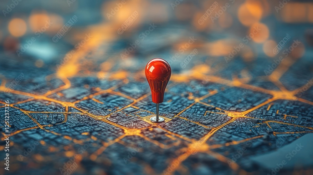 Red Pushpin Marking Location on City Map Emphasizing Navigation Adventure Travel