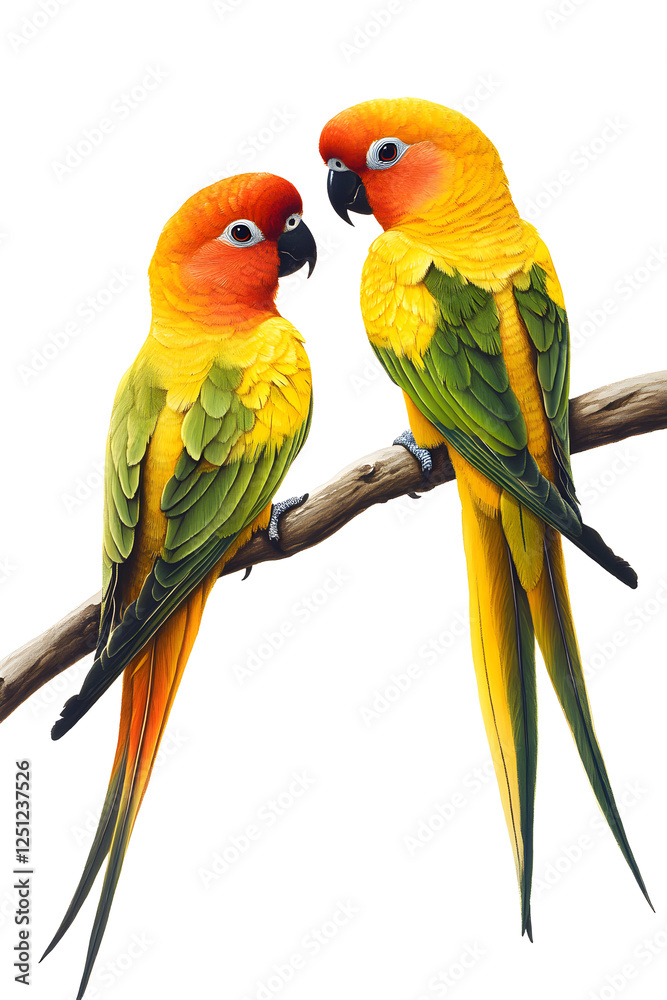 Two ibrantly colored sun conures perched on a branch ,on transparent background Two ibrantly colored sun conures perched on a branch ,on transparent background