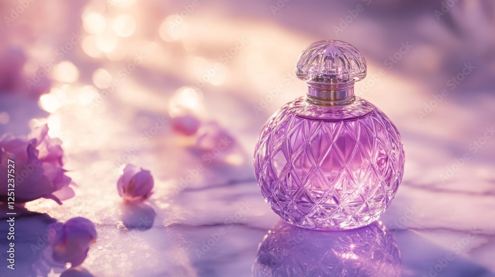 Elegant fragrance bottle on marble surface with flower petals and dreamy background bokeh