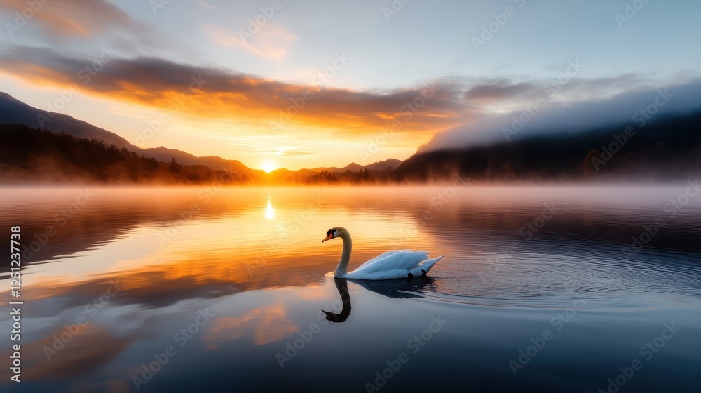 A graceful swan glides effortlessly across a serene lake at sunrise, evoking tranquility and beauty in nature, surrounded by mist and the soft hues of dawn. A graceful swan glides effortlessly across a serene lake at sunrise, evoking tranquility and beauty in nature, surrounded by mist and the soft hues of dawn.