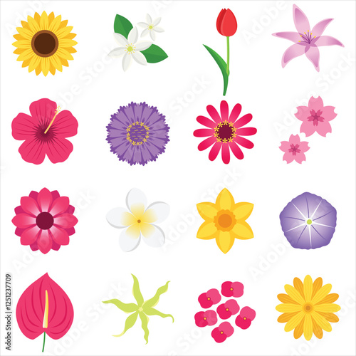 A vibrant collection of 16 various flowers, perfect for floral enthusiasts, gardeners, nature lovers, botanists, and greeting card designers.