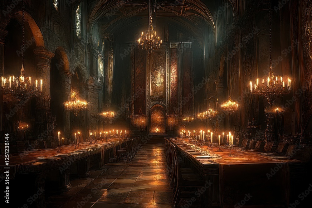 Fototapeta premium Mystical Grand Banquet Hall with Enchanted Decor and Opulent Ambiance