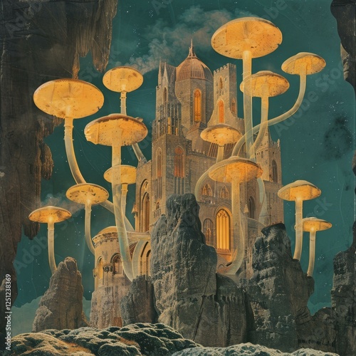 Dreamscape of Cathedral Spores Fantastical Architecture Illuminated Fungi in Alien Landscape