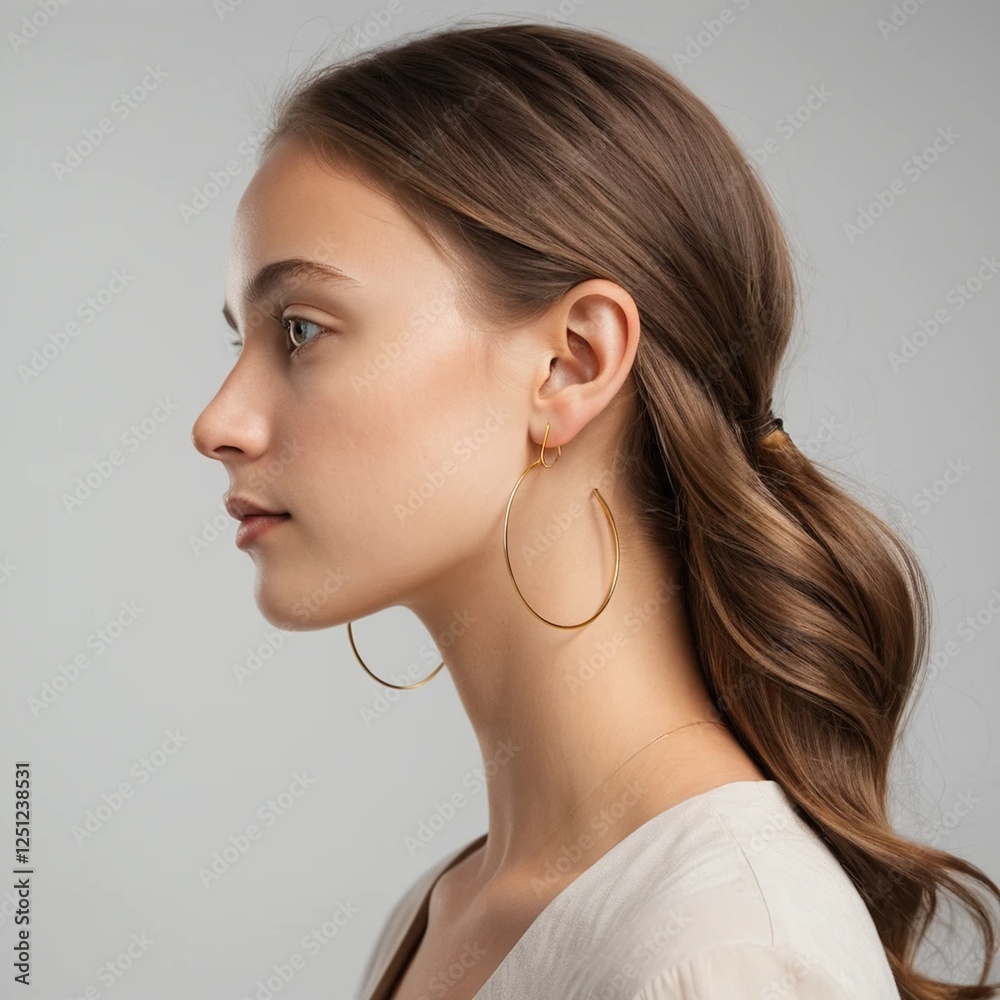Side Profile of Woman Wearing Gold Hoop Earrings on Neutral Background
Side Profile of Woman Wearing Gold Hoop Earrings on Neutral Background
