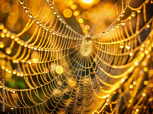 Golden threads of spider silk glisten in morning dew, creating stunning display photo