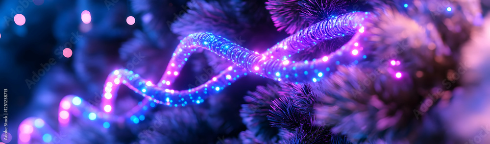 Fototapeta premium Twinkling lights spiral on tree, bokeh background