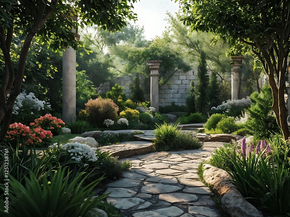 Obraz premium Stone Pathway Leading Through a Tranquil Garden