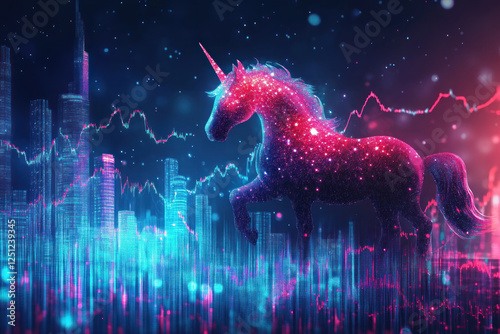 Futuristic neon unicorn galloping in a cityscape, symbolizing unique corporate strength and vision in the financial world