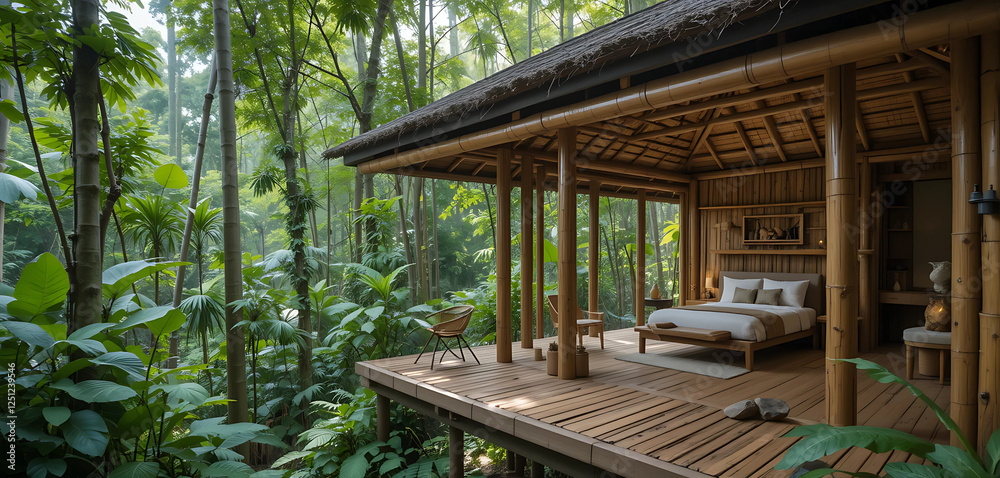 An eco-friendly jungle retreat built with bamboo and reclaimed wood, surrounded by towering tropical trees. Open-concept rooms with hammock lounges and natural stone showers blend seamlessly . An eco-friendly jungle retreat built with bamboo and reclaimed wood, surrounded by towering tropical trees. Open-concept rooms with hammock lounges and natural stone showers blend seamlessly .