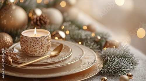 Children's New Year restaurant table arrangement. delightful setup featuring plates, golden utensils in a funny holder, baubles, a candle, frosted fir twigs, and mistletoe on a soft beige backdrop.
