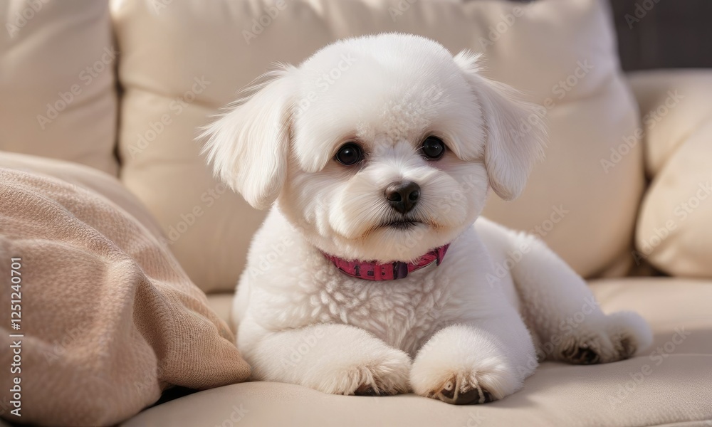 Adorable Bichon Frise puppy snuggled on a plush couch, pet, bichon frise Adorable Bichon Frise puppy snuggled on a plush couch, pet, bichon frise