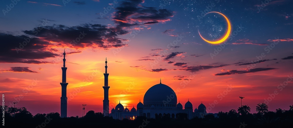 Obraz premium Mosque Sunset Crescent Moon
