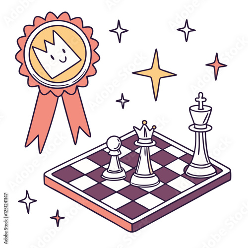 Cute Doodle Chess Vector – Isometric Board with Pieces, Ribbon, and Sparkles in Purple Line Art