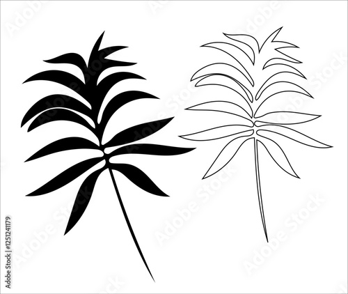 Set of black and white design elements of silhouettes of tropical leaves. Perfect for create fashion apparel fabric, trendy package, bedding, wallpaper, accessories, outerwear, cloth textile.