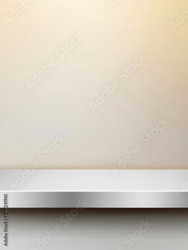 Wallpaper Mural Empty Silver Shelf on Beige Wall - Minimalist product display, clean backdrop, empty shelf, modern design, studio shot.  Symbolizing simplicity, purity, opportunity, potential, and display. Torontodigital.ca