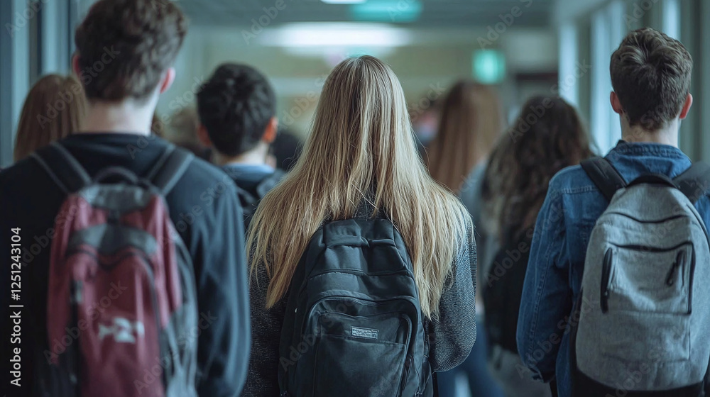 A group of high school students walking in the hallway, seen from behind Generative AI A group of high school students walking in the hallway, seen from behind Generative AI