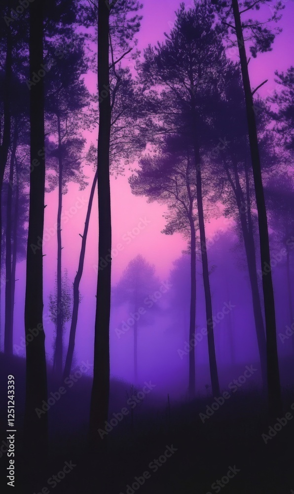 Fototapeta premium Mystical twilight drapes a dense forest in shades of pink and violet creating a dreamscape