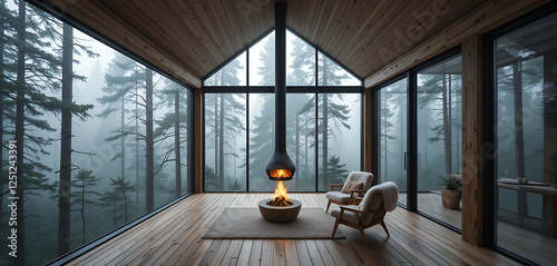 A minimalist treetop lodge in a misty Nordic forest, blending raw wood, steel, and glass. The cozy interior features a hanging fireplace, fur-lined chairs, and a panoramic view of the towering pine .