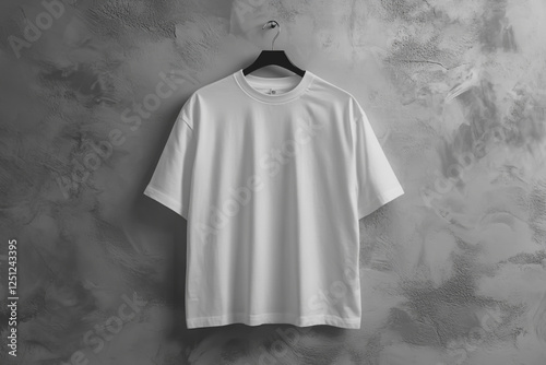 White t-shirt hanging on a hanger mockup, front view, grey background photo