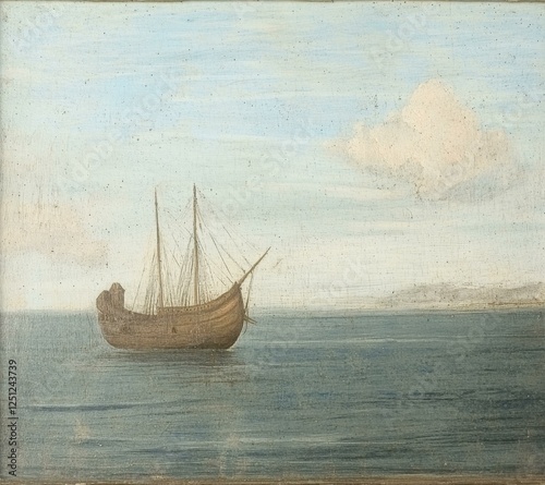 Solitary Boat on Calm Sea with Wispy Cloud and Distant Shoreline in Minimalist Marine Painting Style