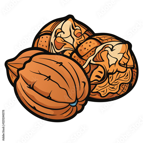 Comic-Style Walnut Vector Illustration – Cracked Nut with Bold Outlines and Cel-Shading