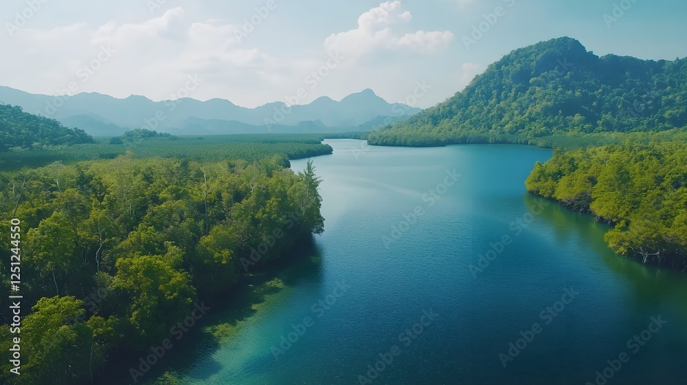 Naklejka premium Scenic river landscape, lush green islands surrounded by tranquil waters, showcasing natural beauty and serenity.