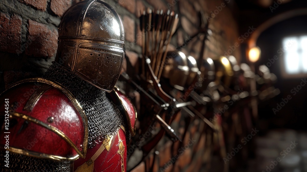 Medieval armor and weaponry displayed on brick wall, dimly lit room