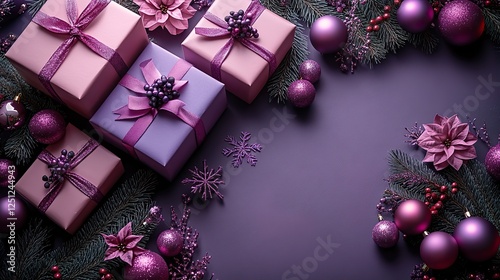 Christmas concept. lilac gift boxes with ribbon bows, pink and violet baubles, flower and snowflake ornaments, and sequins on an isolated purple background, with empty space in the middle.