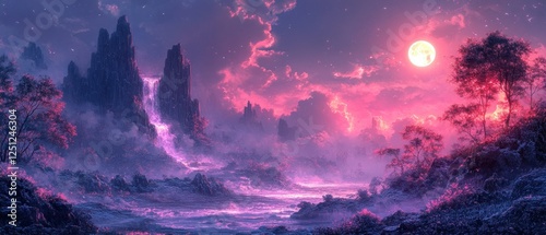 Wallpaper Mural Mystical Landscape with Moonlit Cliffs and Ancient Cave in Fantasy Art Style Torontodigital.ca