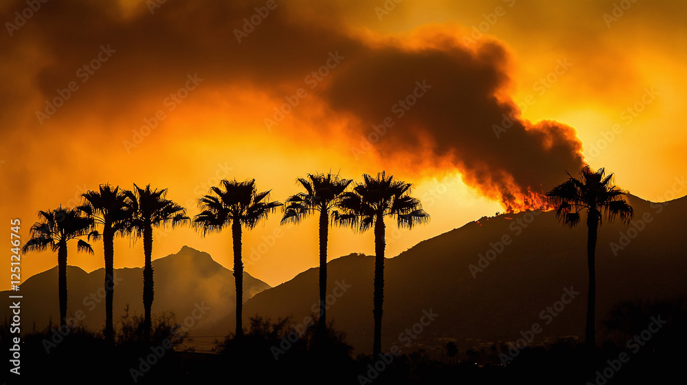 Obraz premium Iconic palm trees silhouetted against an orange sunset in Los Angeles, with smoke rising from the hills. The scene captures a dramatic and atmospheric moment