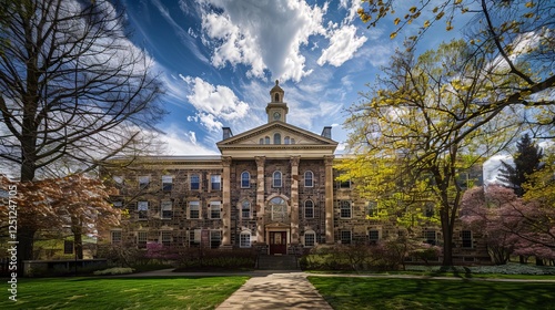 Historic old main building at penn state university on a sunny spring day in state college, pennsylvania
