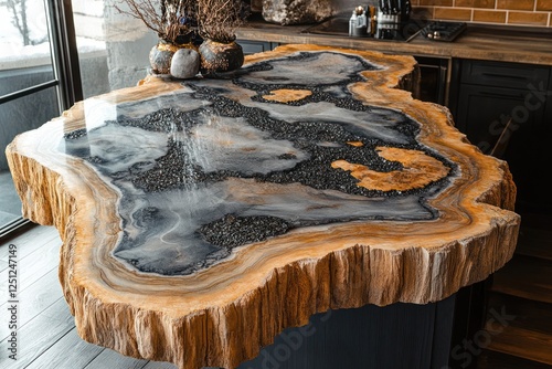 Petrified wood kitchen island, resin inlay, modern home, luxury design