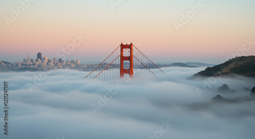 A misty morning in San Francisco, with the Golden Gate Bridge partially covered in fog