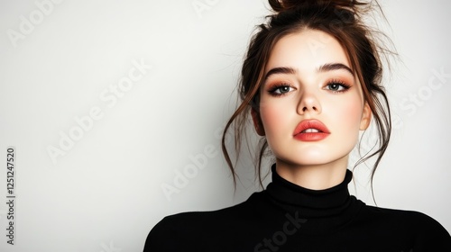 A striking close-up portrait of a young woman with natural makeup, showcasing her beauty and poise against a minimalist backdrop, capturing modern elegance perfectly. photo