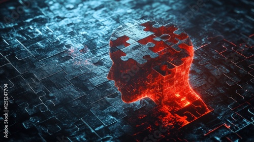 The Puzzle of the Mind: A 3D rendering of a human head composed of puzzle pieces, set against a backdrop of a vast puzzle.