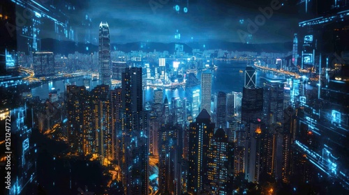 Wallpaper Mural Hong Kong night cityscape, digital overlay, data flow, future tech, website banner Torontodigital.ca