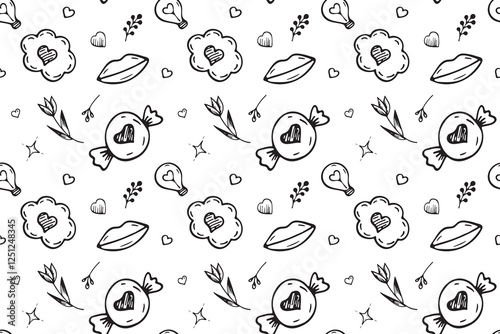 Doodle hand-drawn pattern with love elements on white background. Valentines Day pattern. Design for textile, wrapping papper, decoration, backdrop. Valentines Day background. Vector illustration.