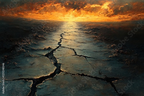 Cracked earth path sunset apocalyptic landscape photo