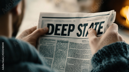 Man reading a newspaper with a prominent deep state headline, suggesting interest in political conspiracies or current news and events