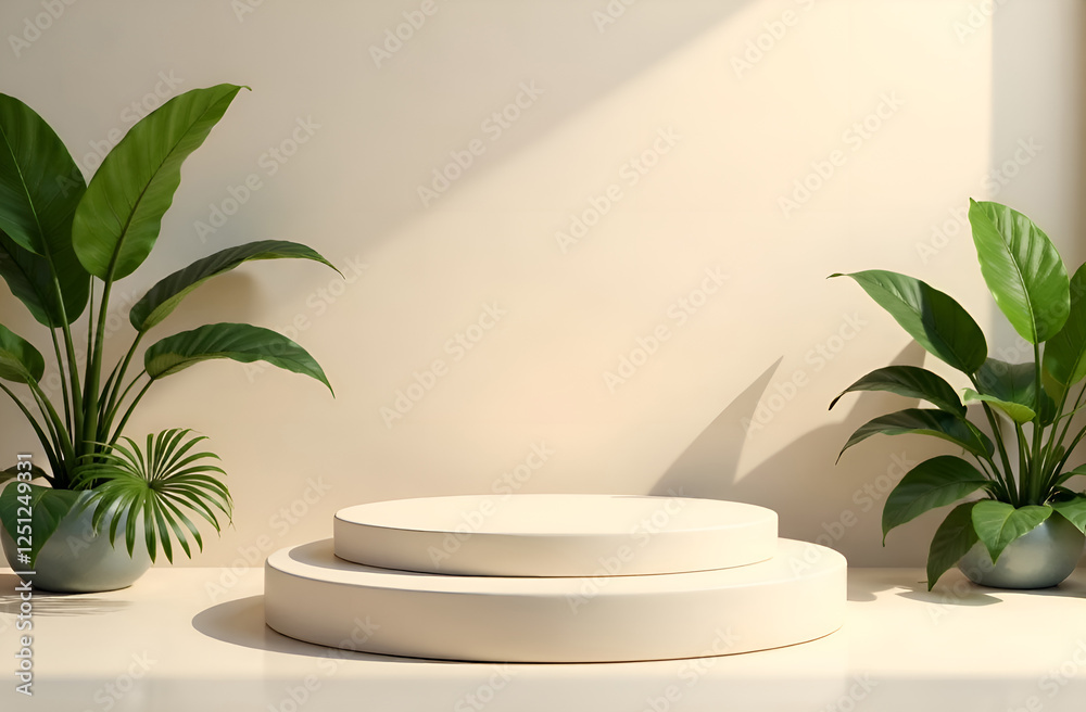 Podium Product Presentation Mockup Design Natural Background Cosmetic. Selective focus, blurred background. Podium Product Presentation Mockup Design Natural Background Cosmetic. Selective focus, blurred background.