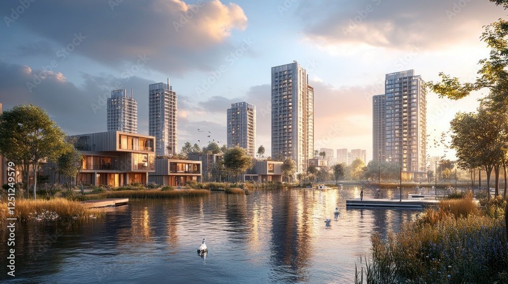 Fototapeta premium Sunset urban waterfront development; tranquil lake, modern homes, highrises