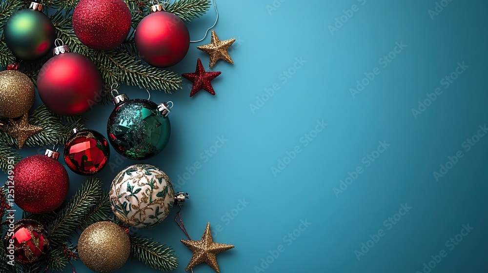 Christmas tree decorations concept Top view photo of red, green, and gold baubles and star ornaments on an isolated light blue background with copyspace. Christmas tree decorations concept Top view photo of red, green, and gold baubles and star ornaments on an isolated light blue background with copyspace.