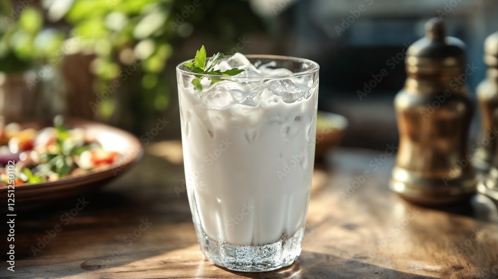 Glass of iced Turkish ayran yogurt drink with mint leaf garnish Glass of iced Turkish ayran yogurt drink with mint leaf garnish