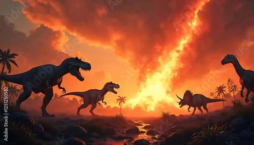 Fototapeta Prehistoric Sunset: Dinosaurs at the End of an Era