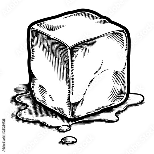 An Ice Cube Melting in Detailed Black and White Vintage Outline Line Art Drawing Style