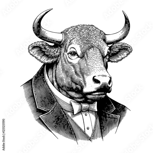 Humanoid Bull Wearing Victorian Suit Black and White Detailed Outline Line Art Drawing