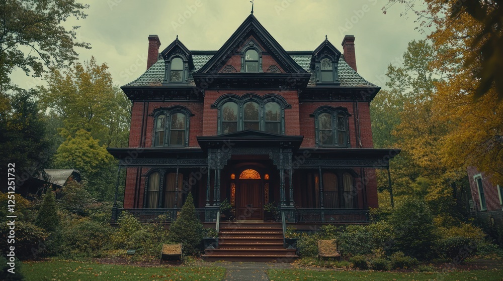 Fototapeta premium Autumnal Victorian mansion, forest backdrop, cinematic lighting, film production