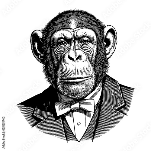 Chimpanzee Humanoid Head Wearing Suit Victorian Style Black and White Outline Line Art Drawing