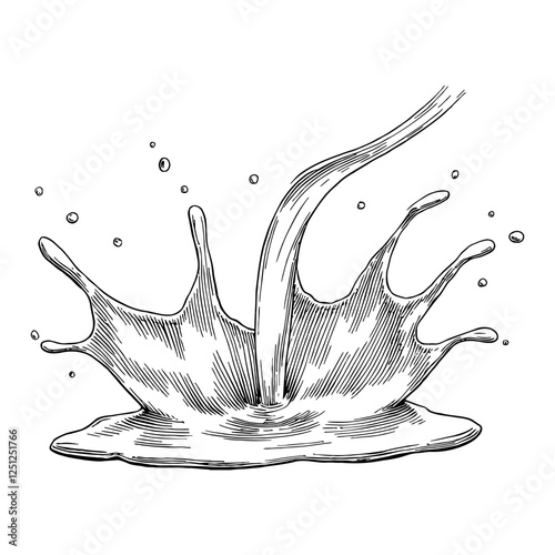 Chocolate Milk Pouring with Splash Black and White Detailed Outline Line Art Drawing
